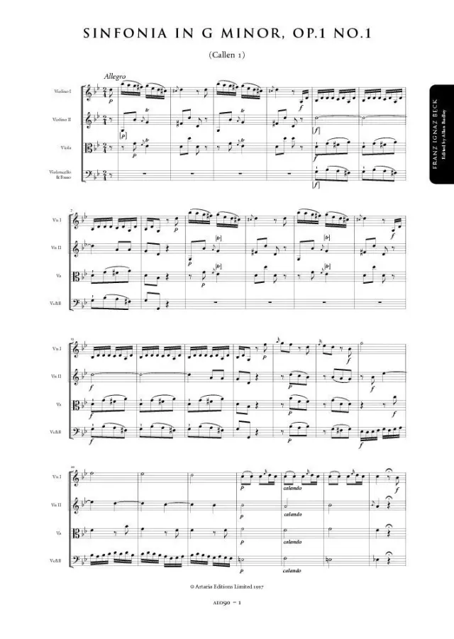 Artaria Beck Symphony in G minor, Op. 1, No. 1 (Callen 1)