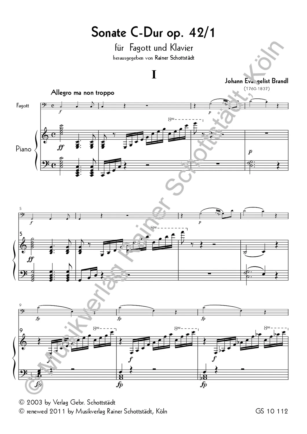 Musikverlag Rainer Schottstädt Sonate C-dur op.42/1 Noten Fagott Klavier