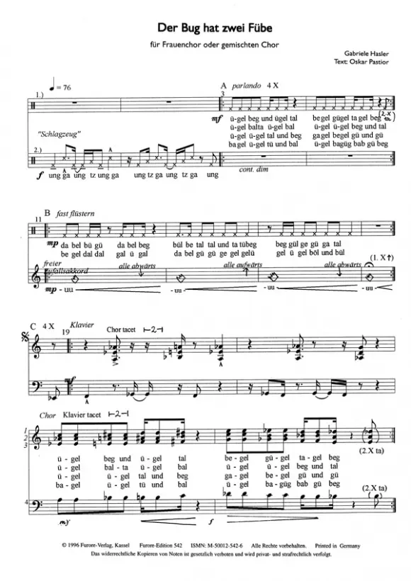 Furore Edition Der Bug hat zwei Füße Partitur für Chor und Klavier