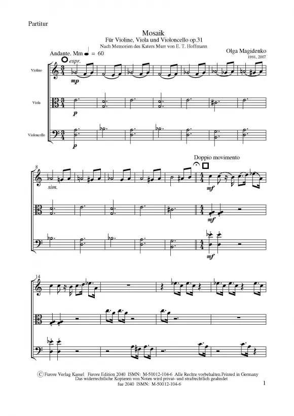 Furore Edition Mosaikes op. 31 Partitur für Streichtrio