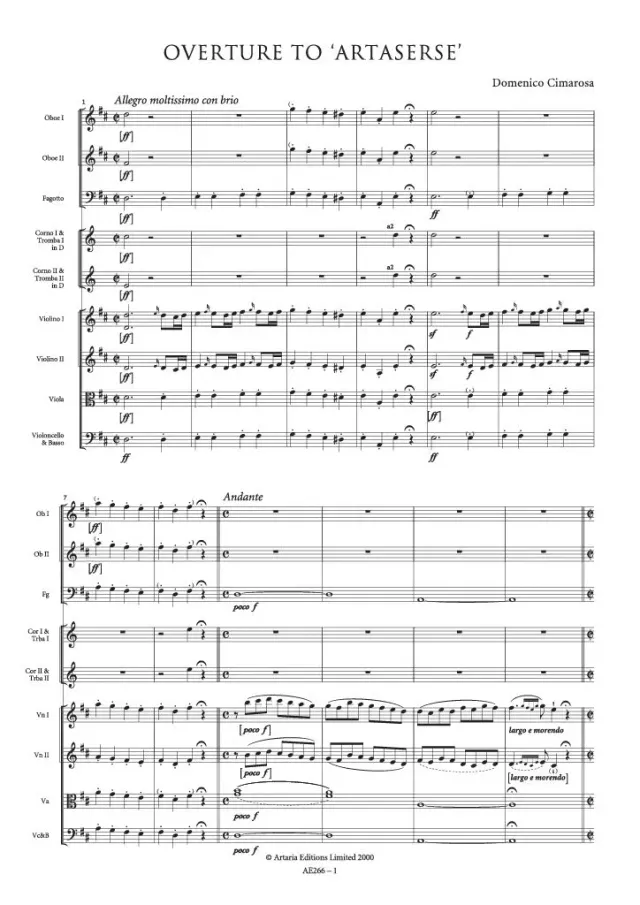 Artaria Overture to Artaserse AE262