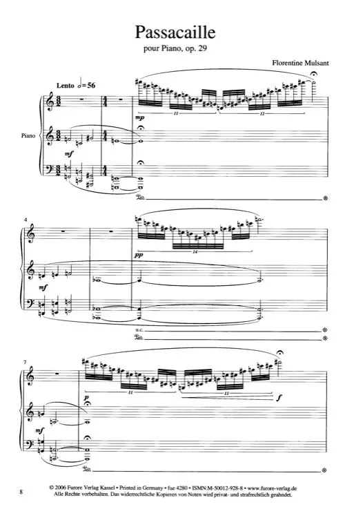 Furore Edition Passacaillle pour piano op. 29 Klavierpartitur