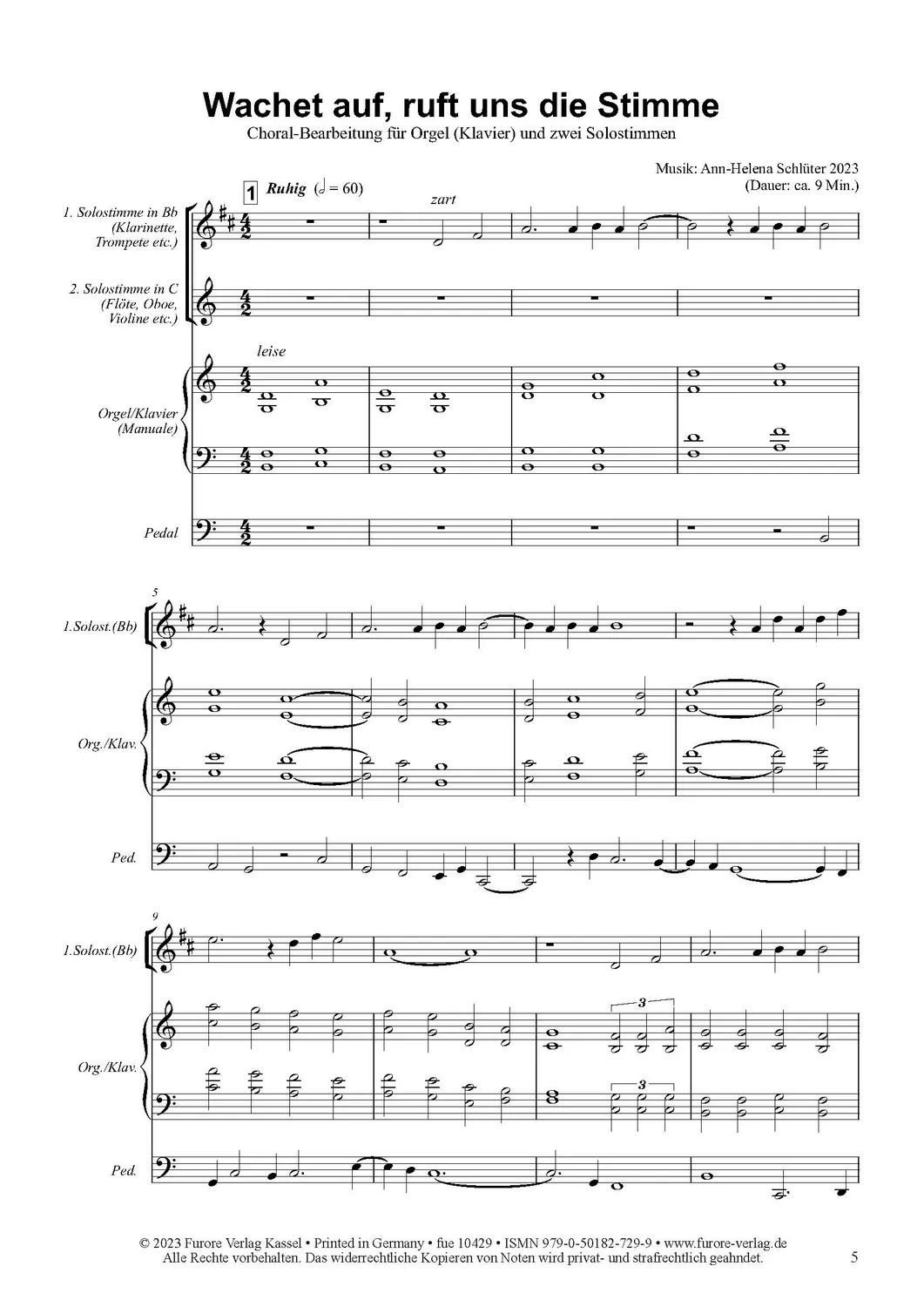Furore Edition Schlüter Wachet auf op. 779 Noten Orgel Trio