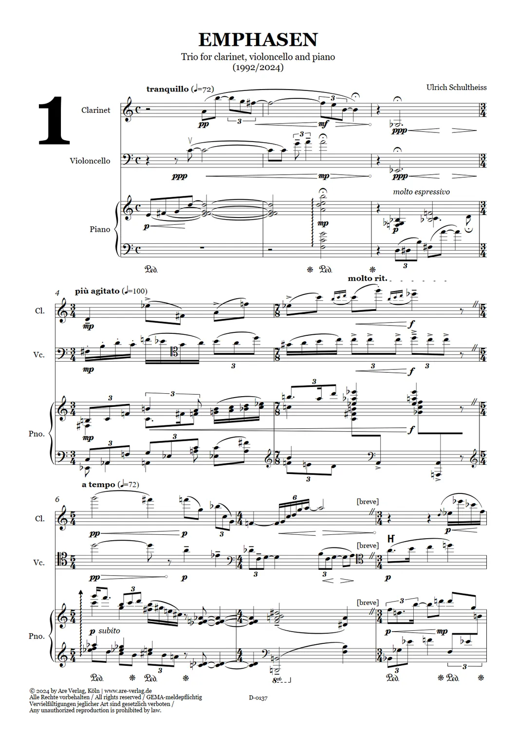 Are Musik Verlag Schultheiss Emphasen Trio Noten Klarinette Cello