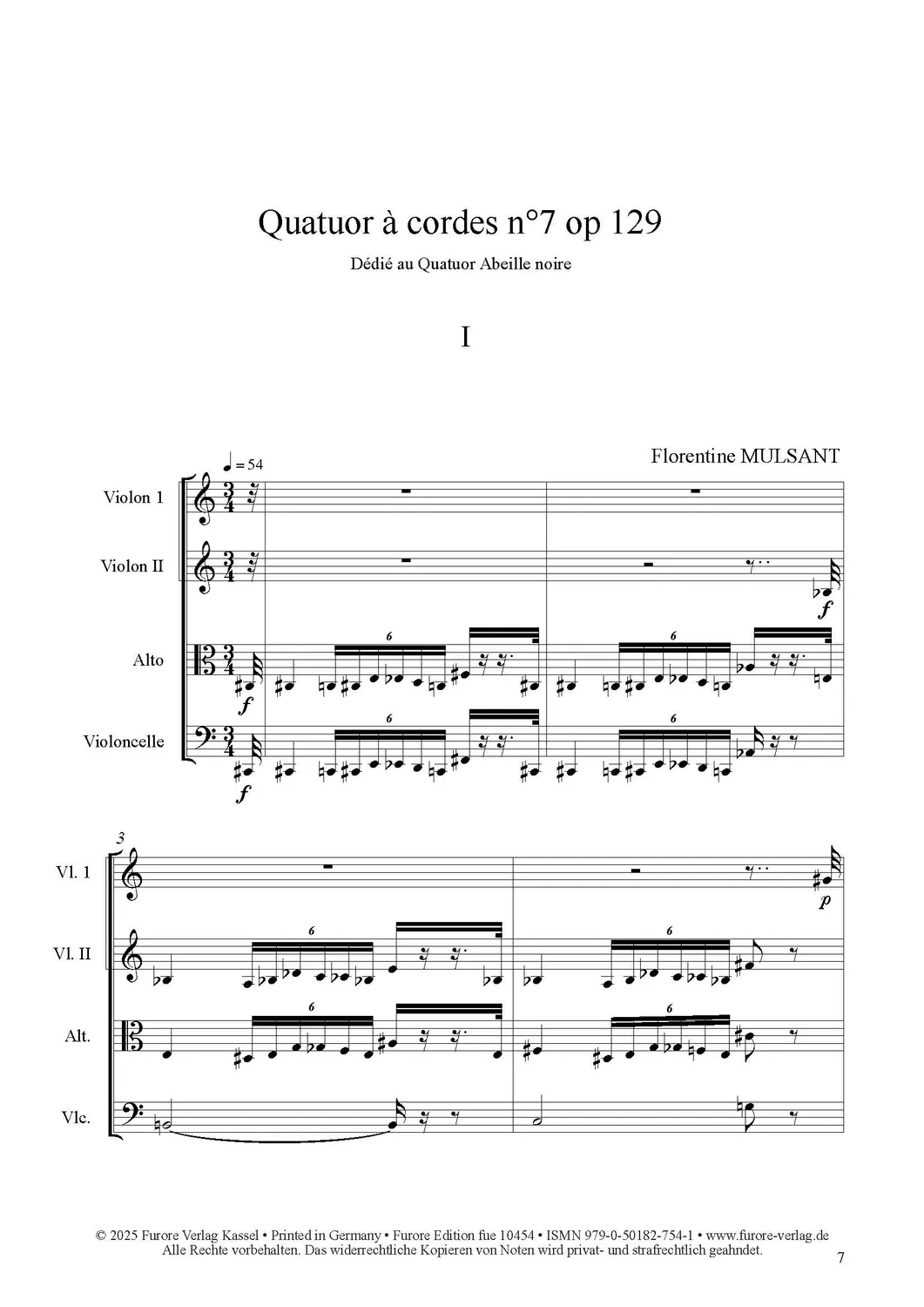 Furore Edition Quatuor à cordes n°7 op.129 Noten Streichquartett