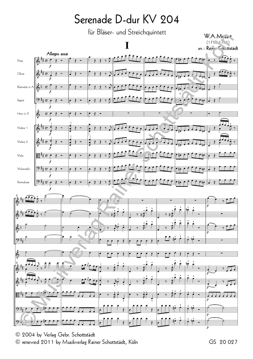 Musikverlag Rainer Schottstädt Serenade D-dur KV 204 Noten Bläser Streicher