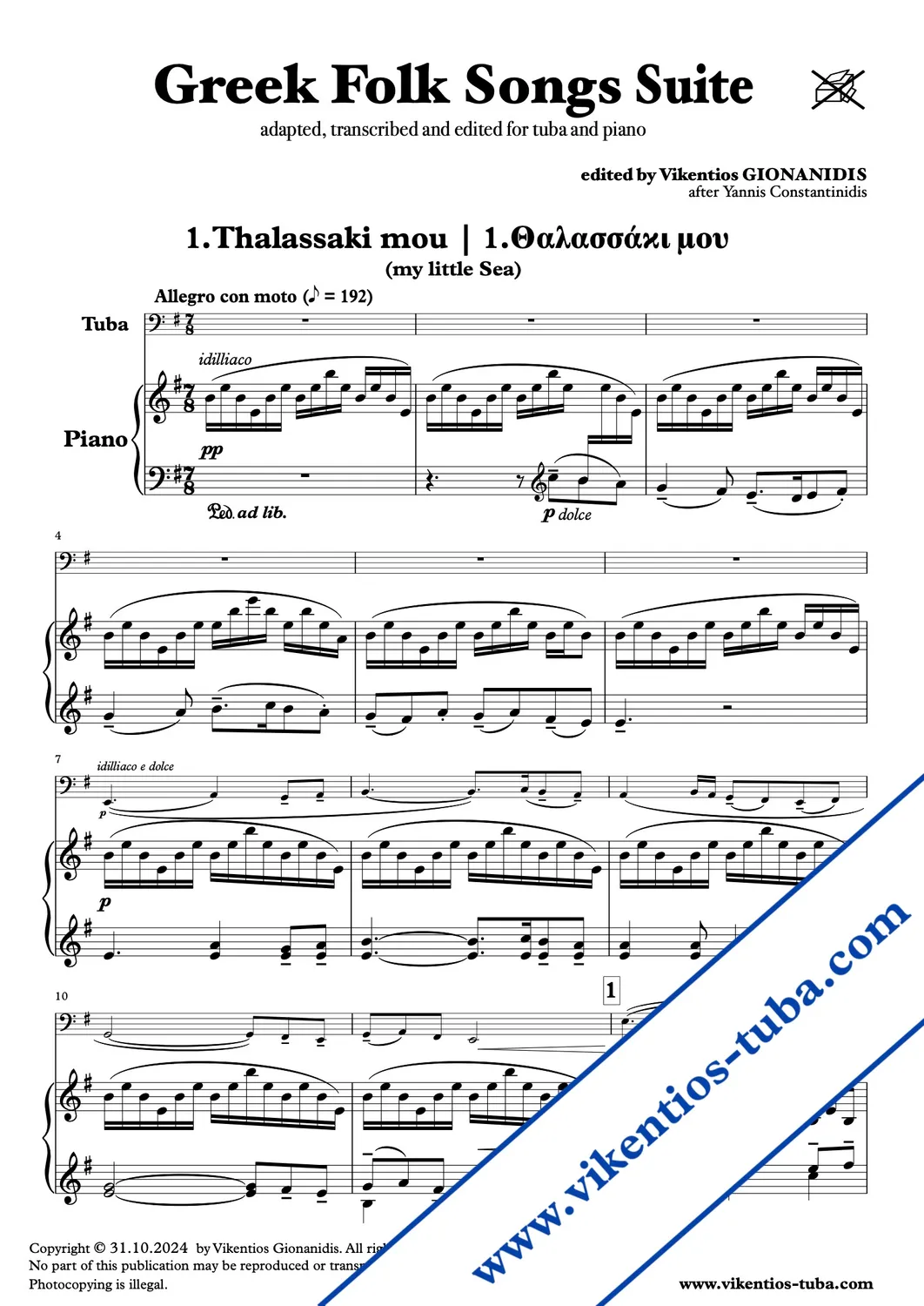 Vikentios Gionanidis Greek Folk Songs Suite Noten für Tuba und Klavier
