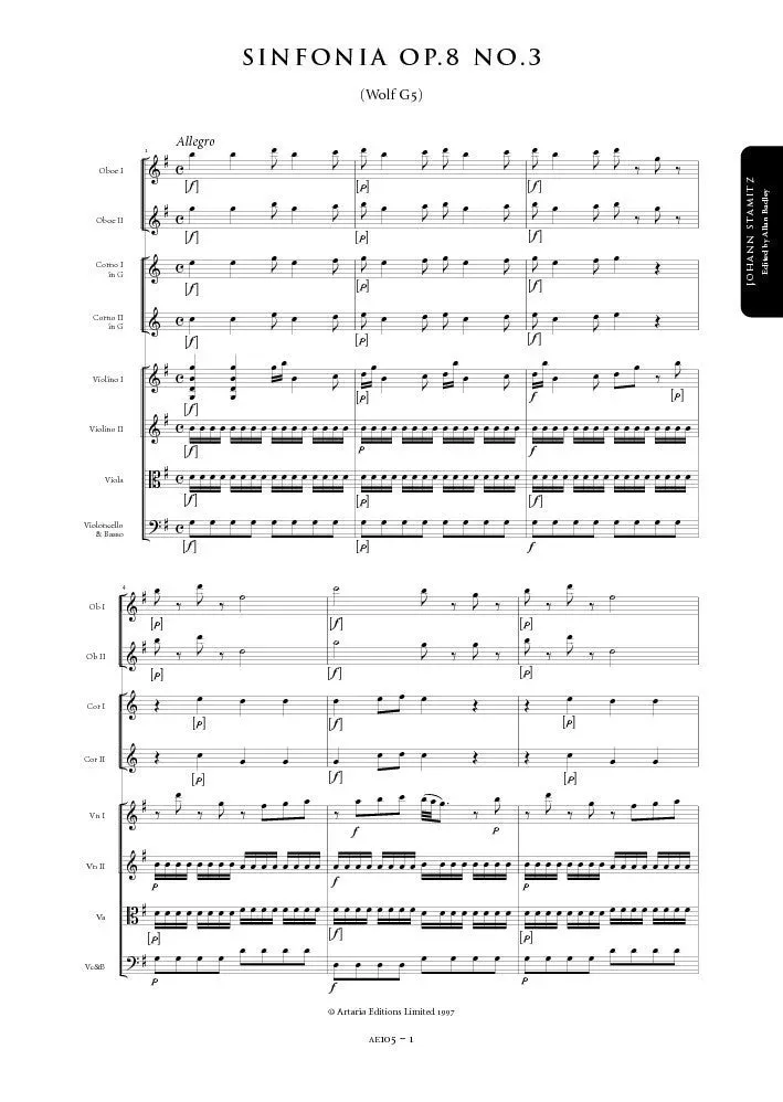 Artaria Stamitz Sinfonie G-Dur op. 8 Nr. 3 AE105 Partitur