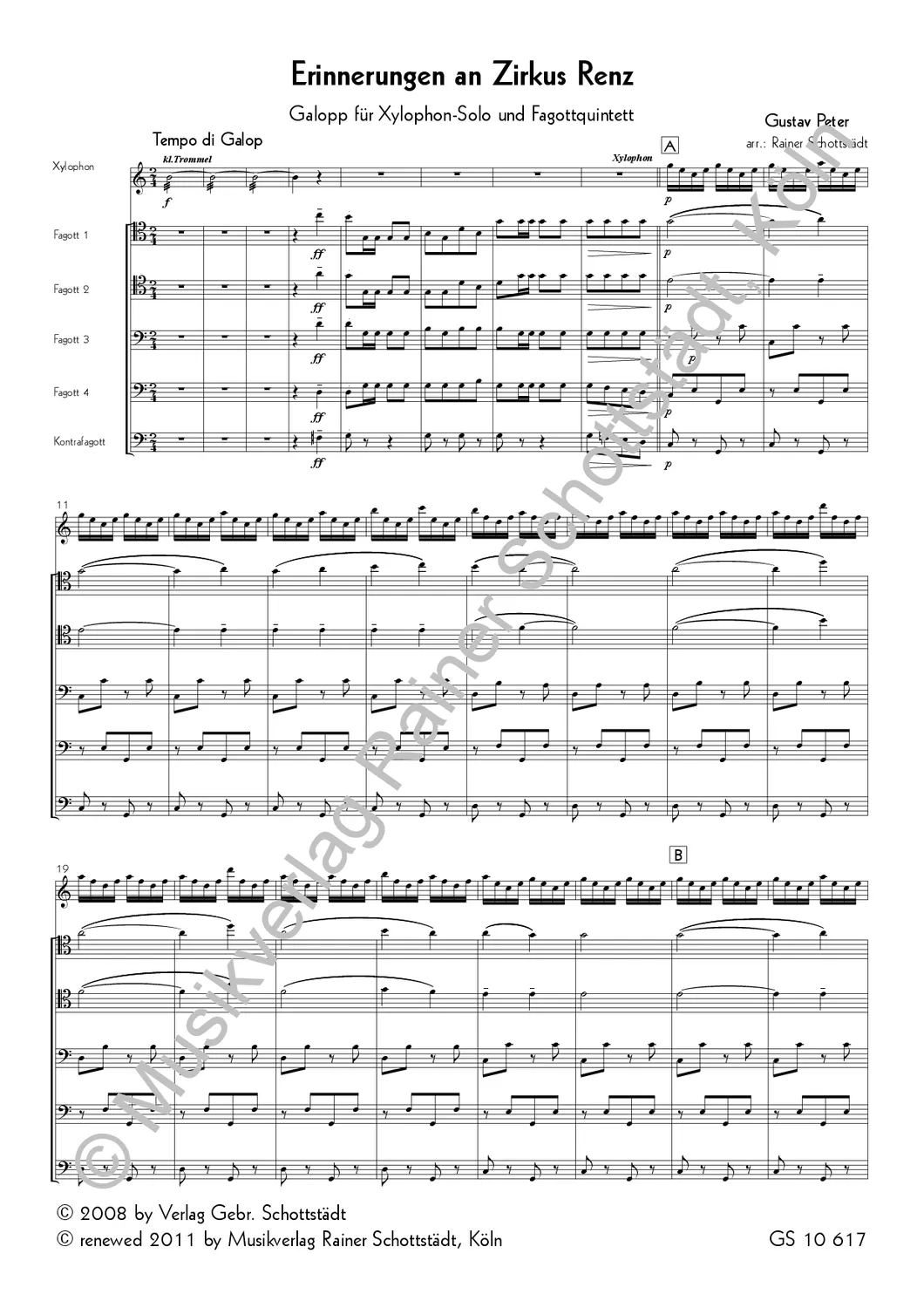 Musikverlag Rainer Schottstädt Erinnerung an Zirkus Renz Noten Xylophon Fagotte
