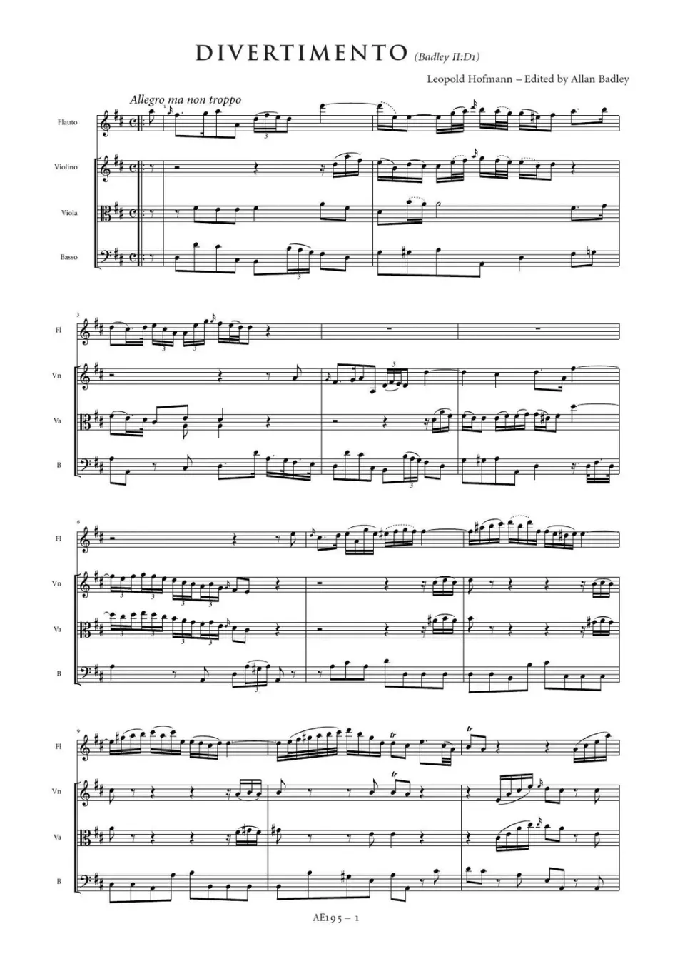 Artaria Hofmann, Leopold: Divertimento in D major, (Badley II:D1) (AE195) Divertimento