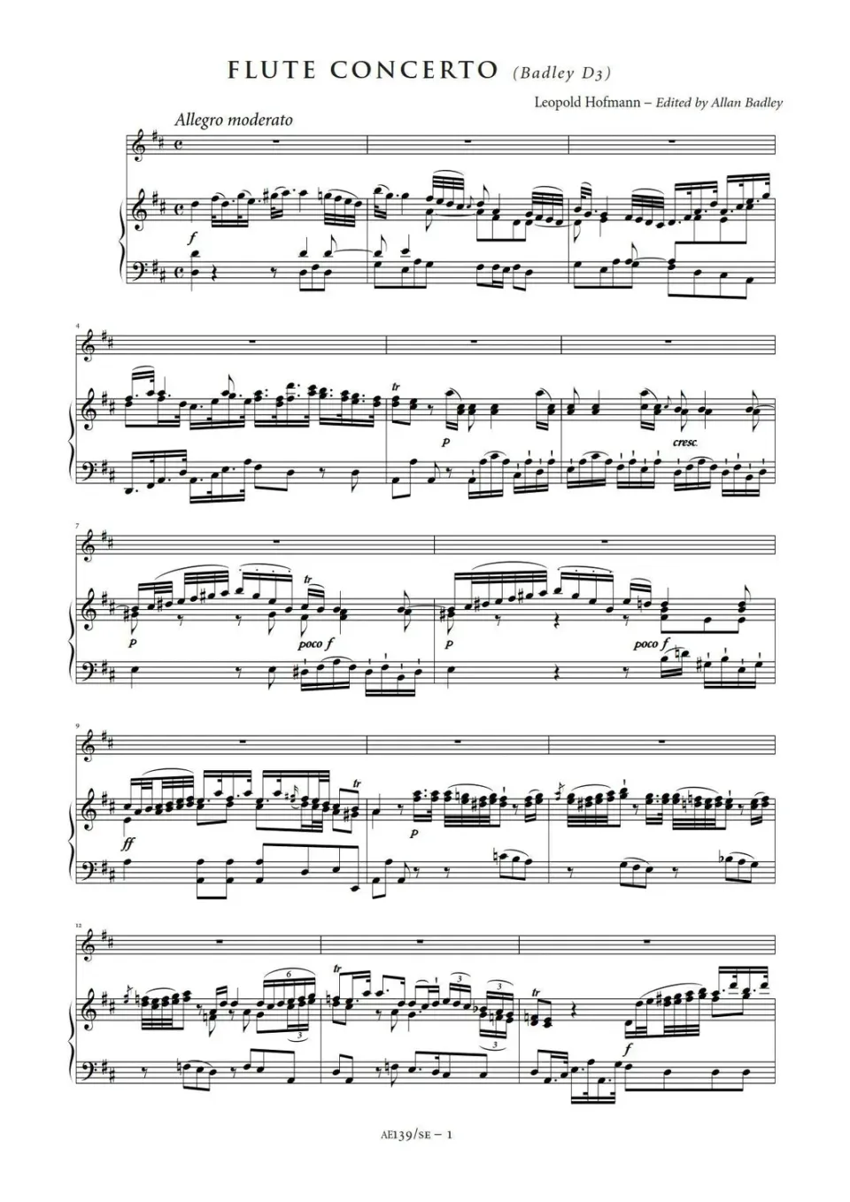 Artaria Hofmann Flute Concerto in D major (Badley D3) Study Edition Klavierauszug
