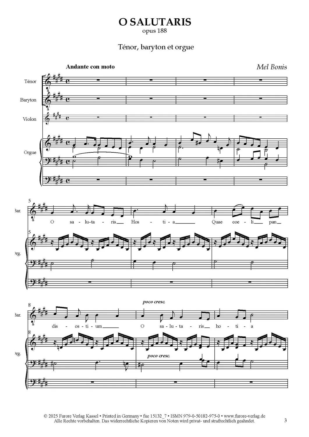 Furore Edition O Salutaris Männerchor Noten Violine Orgel