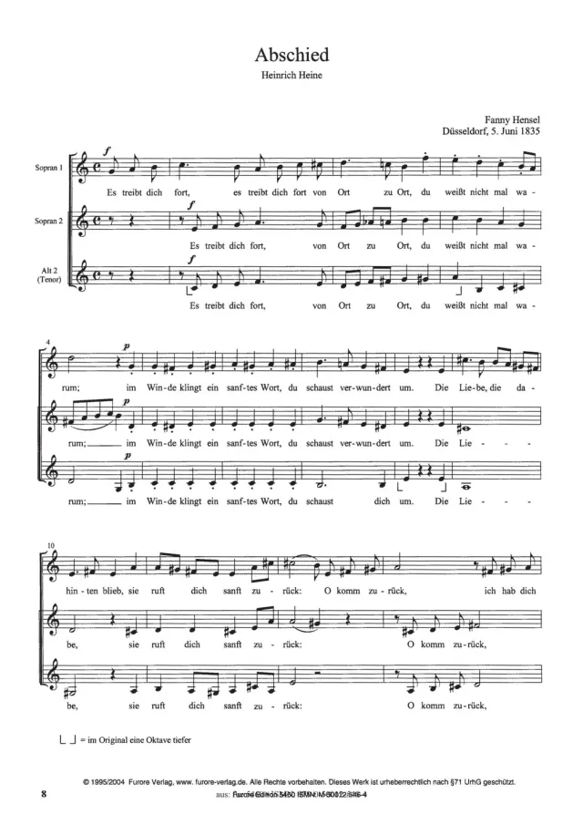 Furore Edition Abschied Heine Noten Vokaltrio S A Tenor