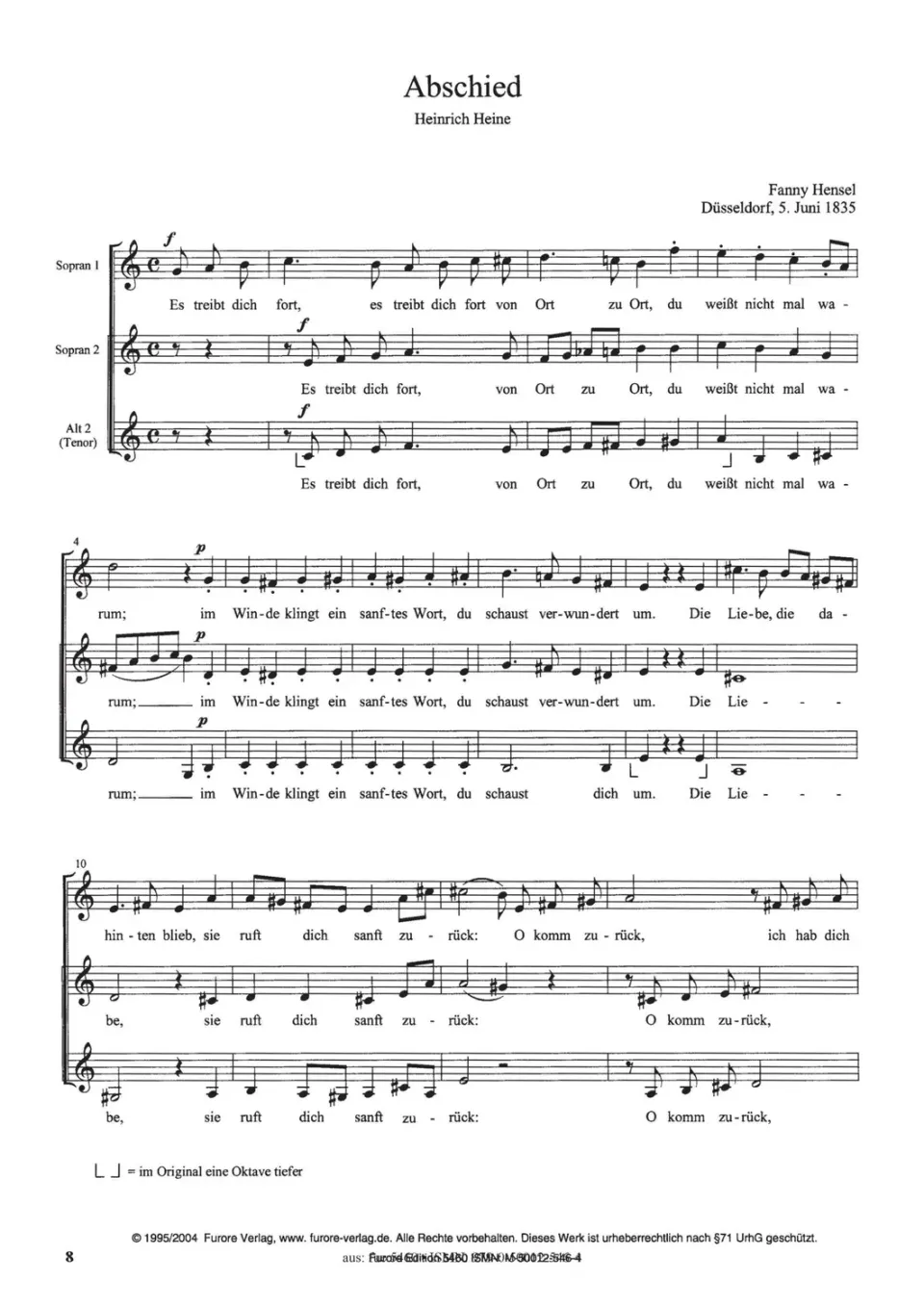 Furore Edition Abschied Heine Noten Vokaltrio S A Tenor