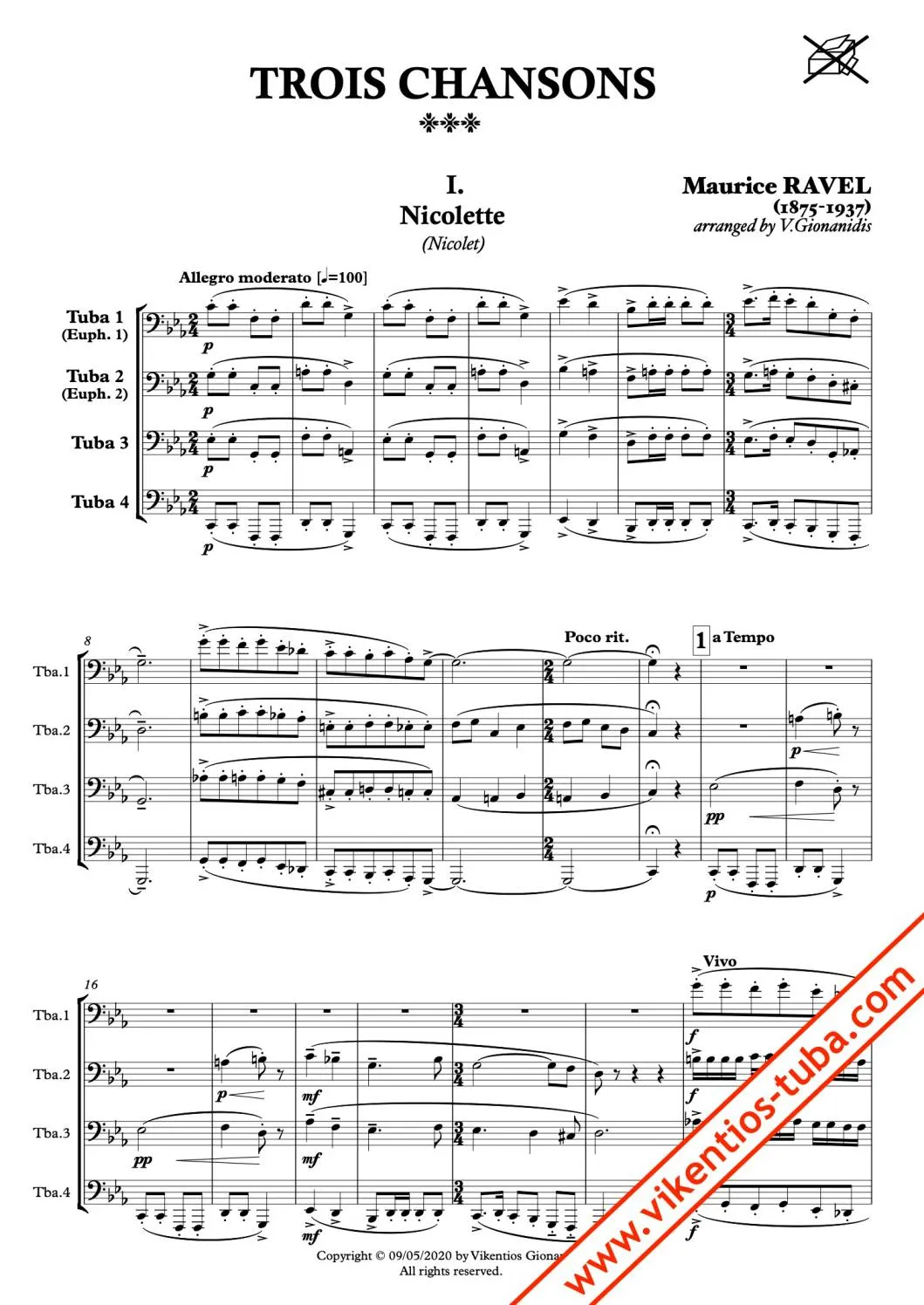 Vikentios Gionanidis Trois Chansons Noten Tubaquartett