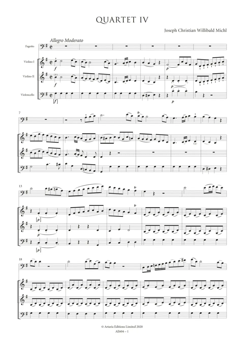 Artaria Michl Quartett G-Dur AE604 Fagott Streicher