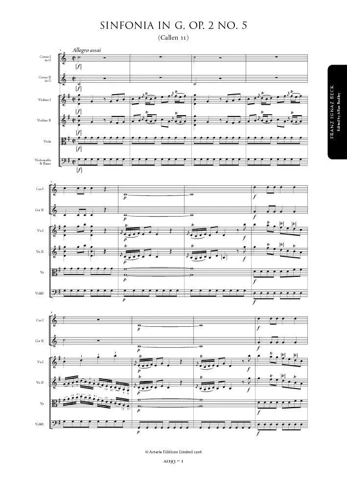 Artaria Beck Symphony in G major Op. 2 No. 5 (Callen 11)