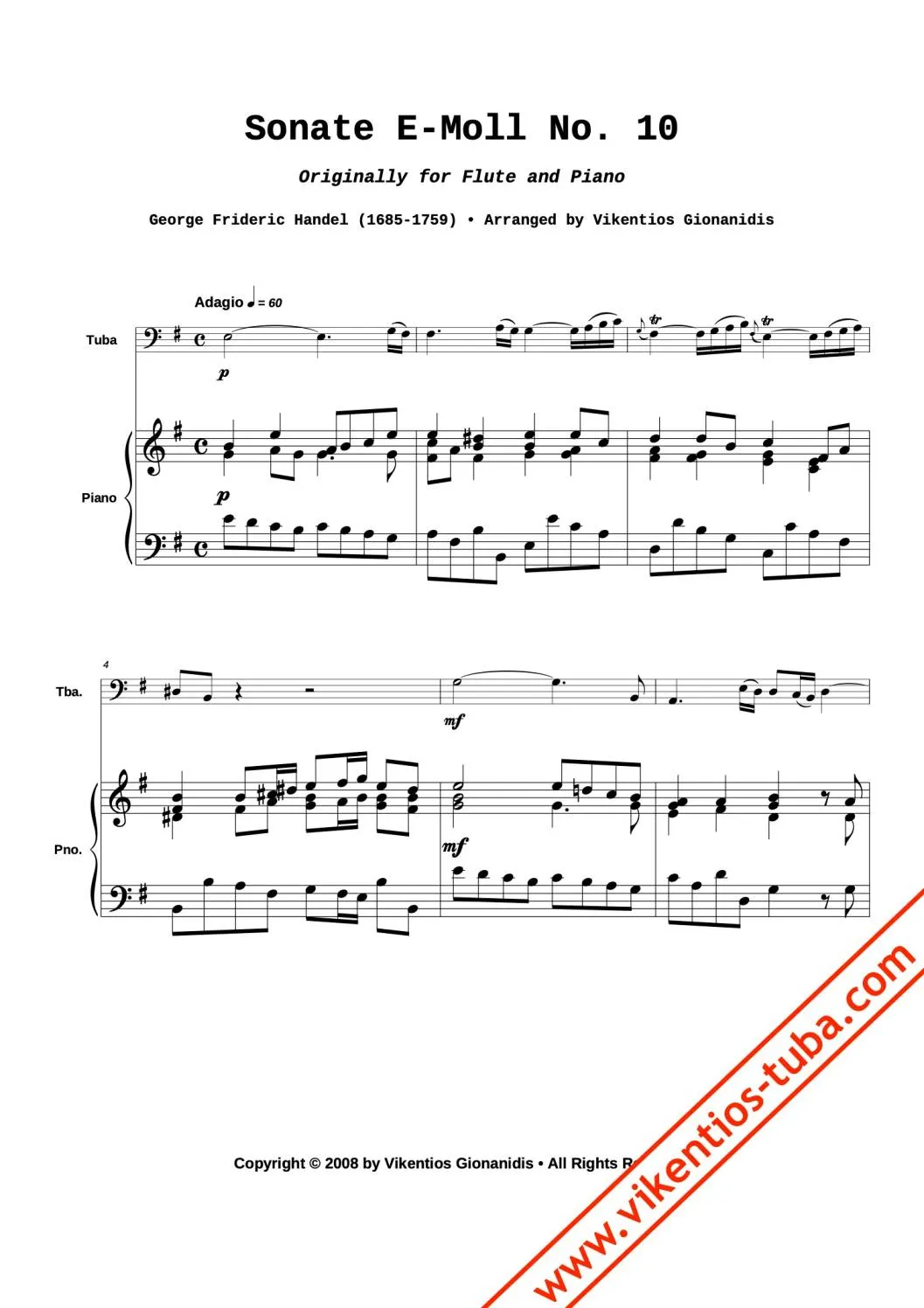 Vikentios Gionanidis Sonate E minor No.10 HWV 375 Noten für Tuba und Klavier