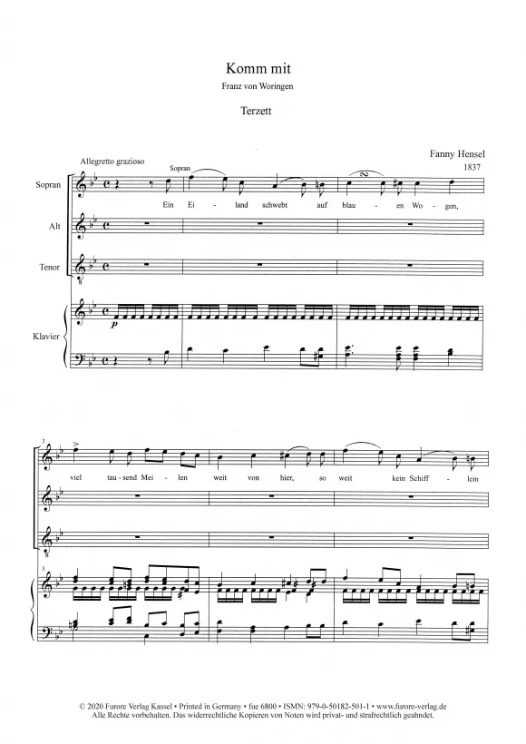 Furore Edition Fanny Hensel Komm mit Trio S/A/T Klavier