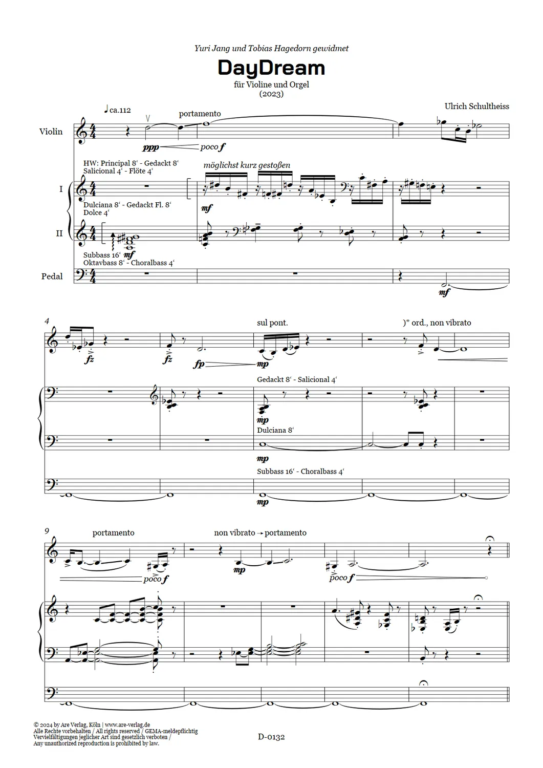 Are Musik Verlag Schultheiss DayDream Noten Violine Orgel