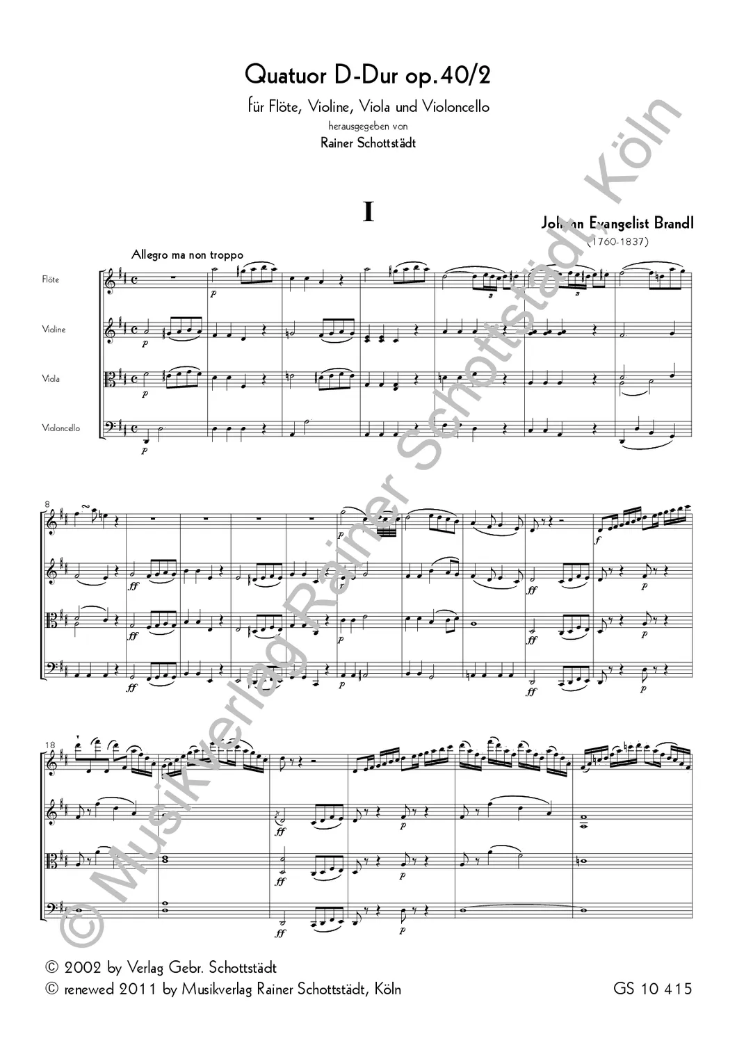 Musikverlag Rainer Schottstädt Quatuor D-dur op.40/2 für Flöte und Streichtrio