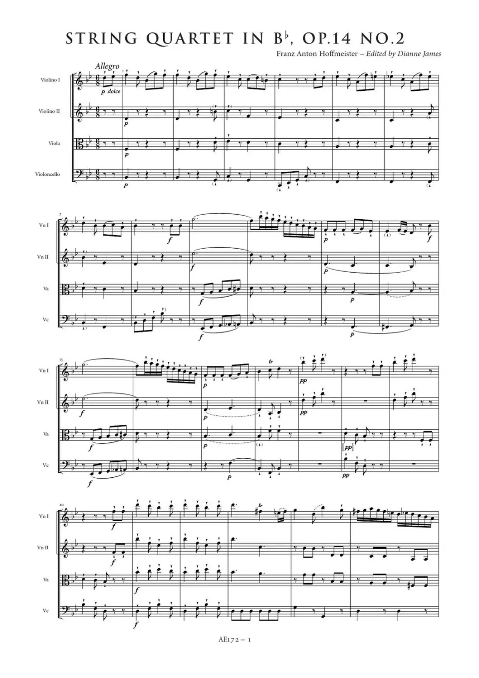 Artaria String Quartet in B flat major Op. 14 No. 2 AE172