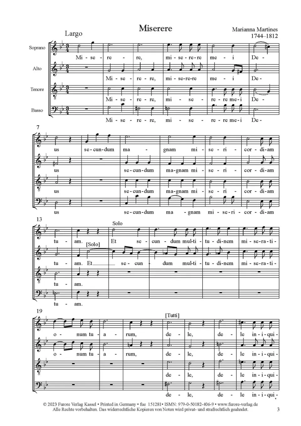 Furore Edition Martines Miserere Chorpartitur Chor Orgel