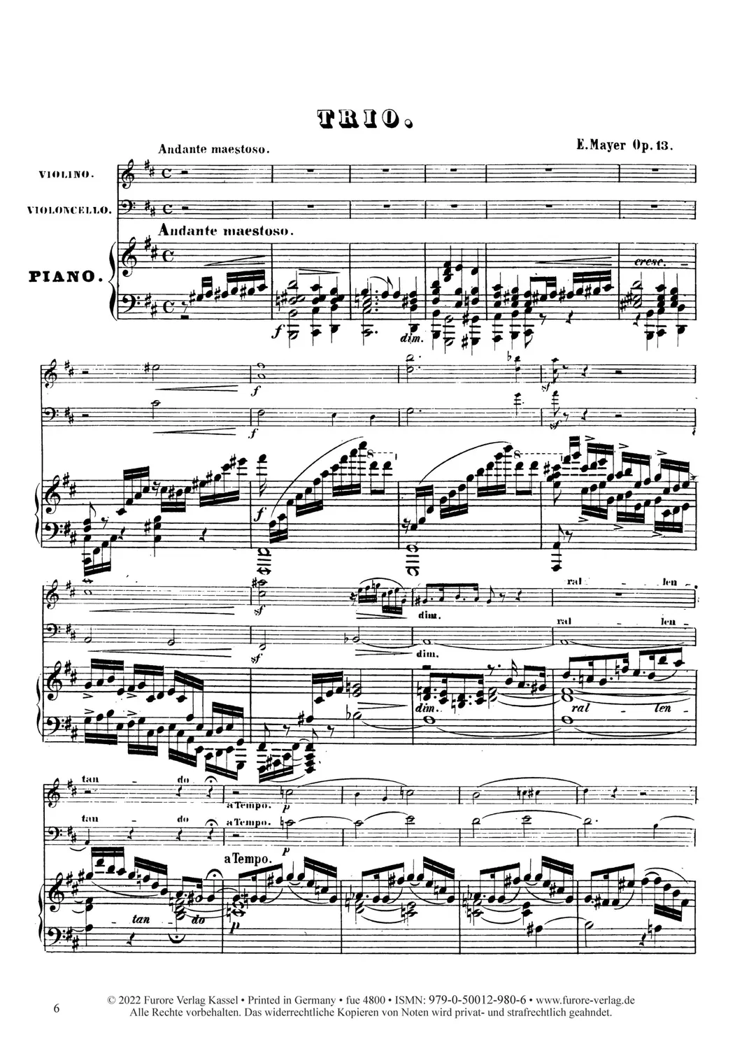 Furore Edition Great Trio D-Dur op. 13 Noten Violine Cello Klavier