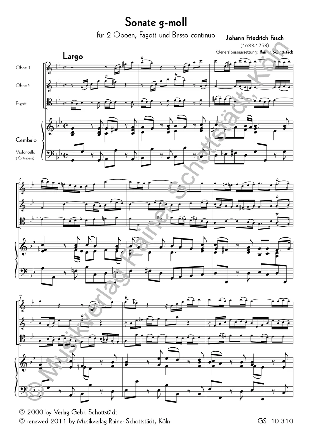 Musikverlag Rainer Schottstädt Sonate g-moll Noten 2Ob Fg B.C.
