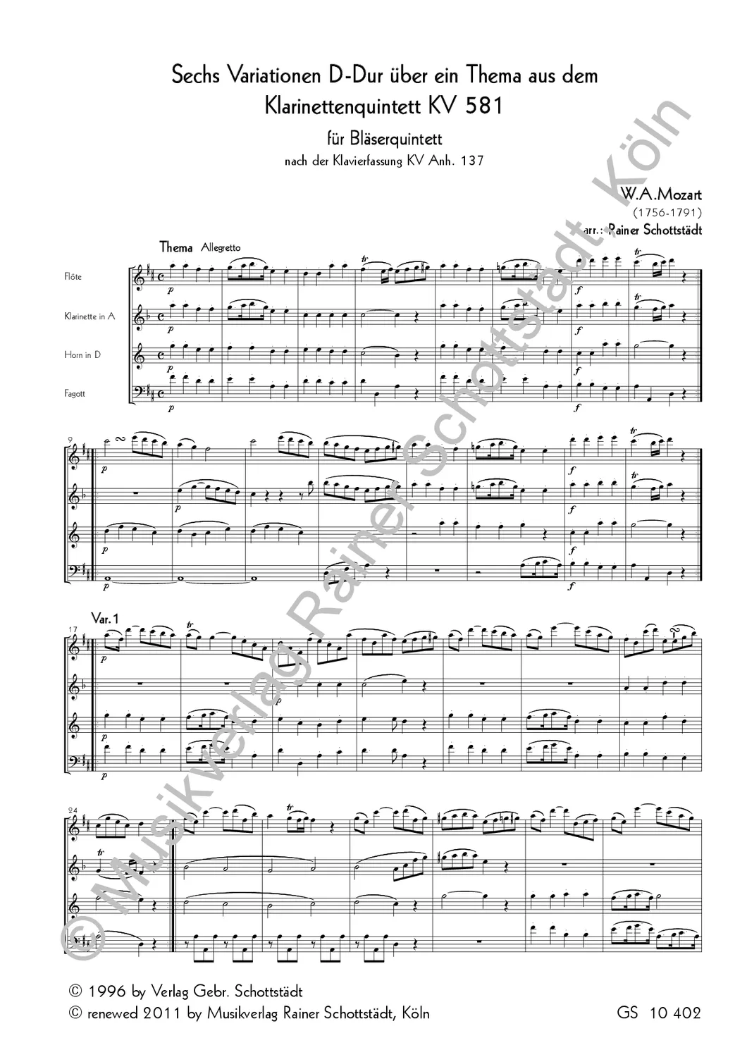Musikverlag Rainer Schottstädt Variationen D-dur KV581 Noten Bläserquartett