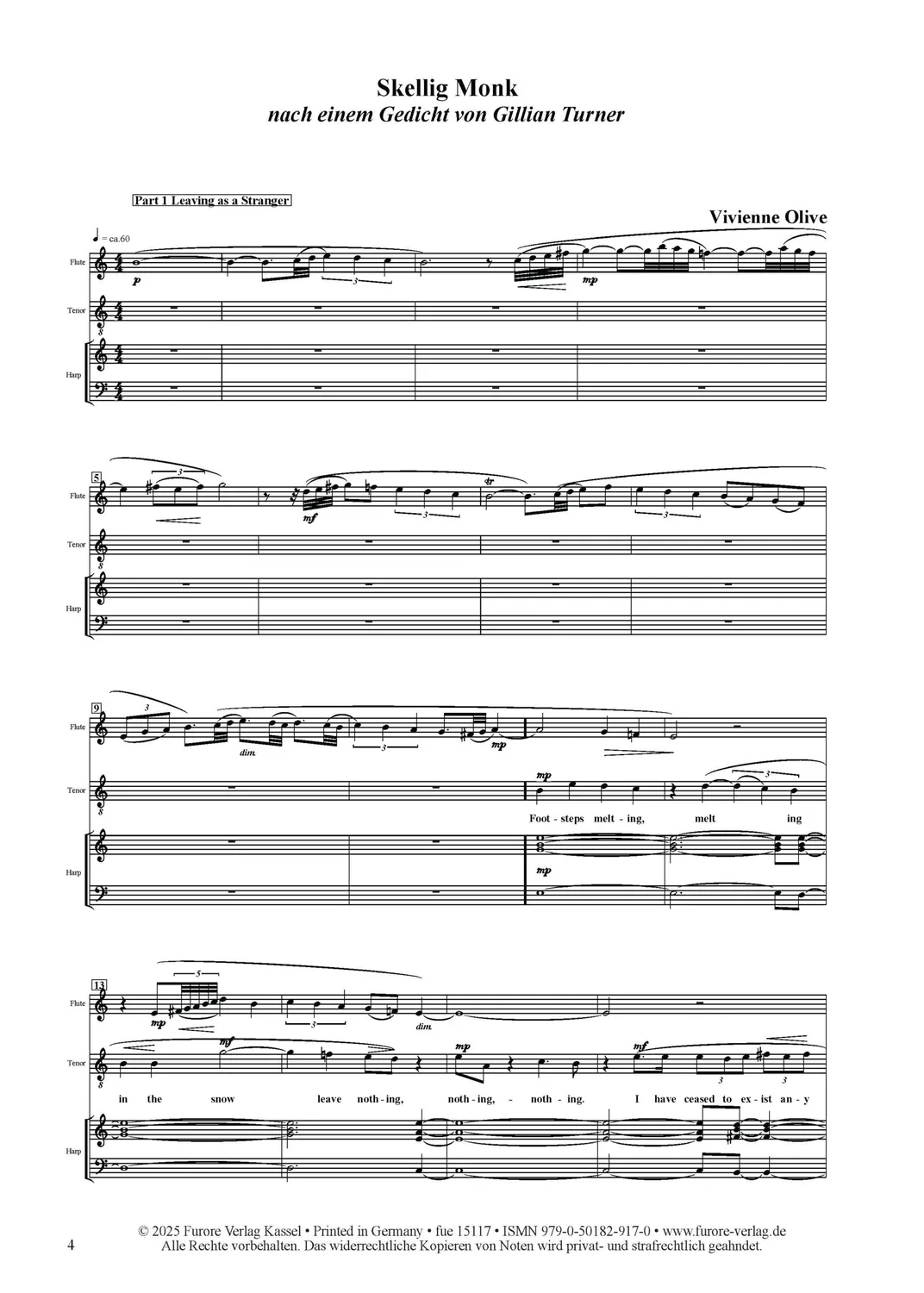 Furore Edition Skellig Monk Partitur Tenor Harfe zwei Frauenstimmen
