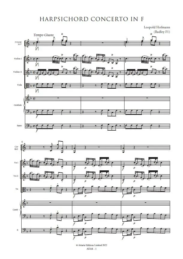 Artaria Hofmann Harpsichord Concerto in F major (Badley F1)