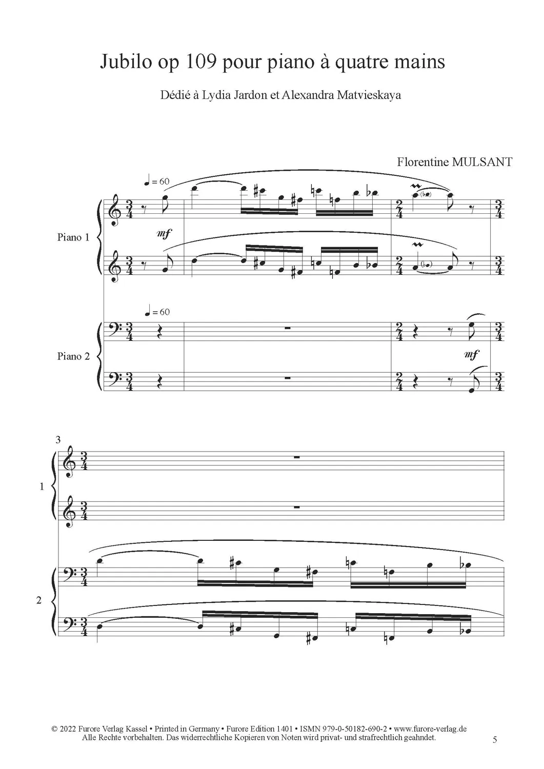 Furore Edition Jubilo op. 109 Klaviernoten vierhändig