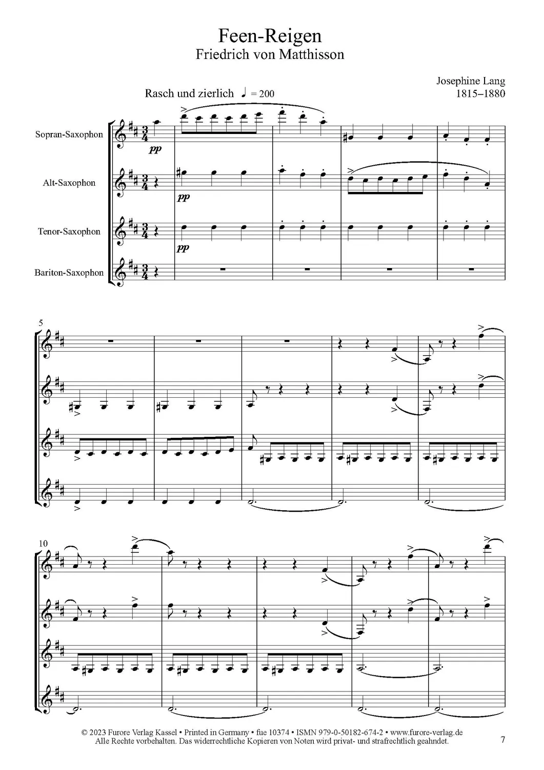 Furore Edition Lieder for saxophone quartet Noten für Saxophonquartett