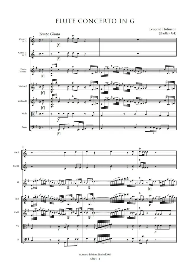 Artaria Flute Concerto in G major Badley G4 AE554