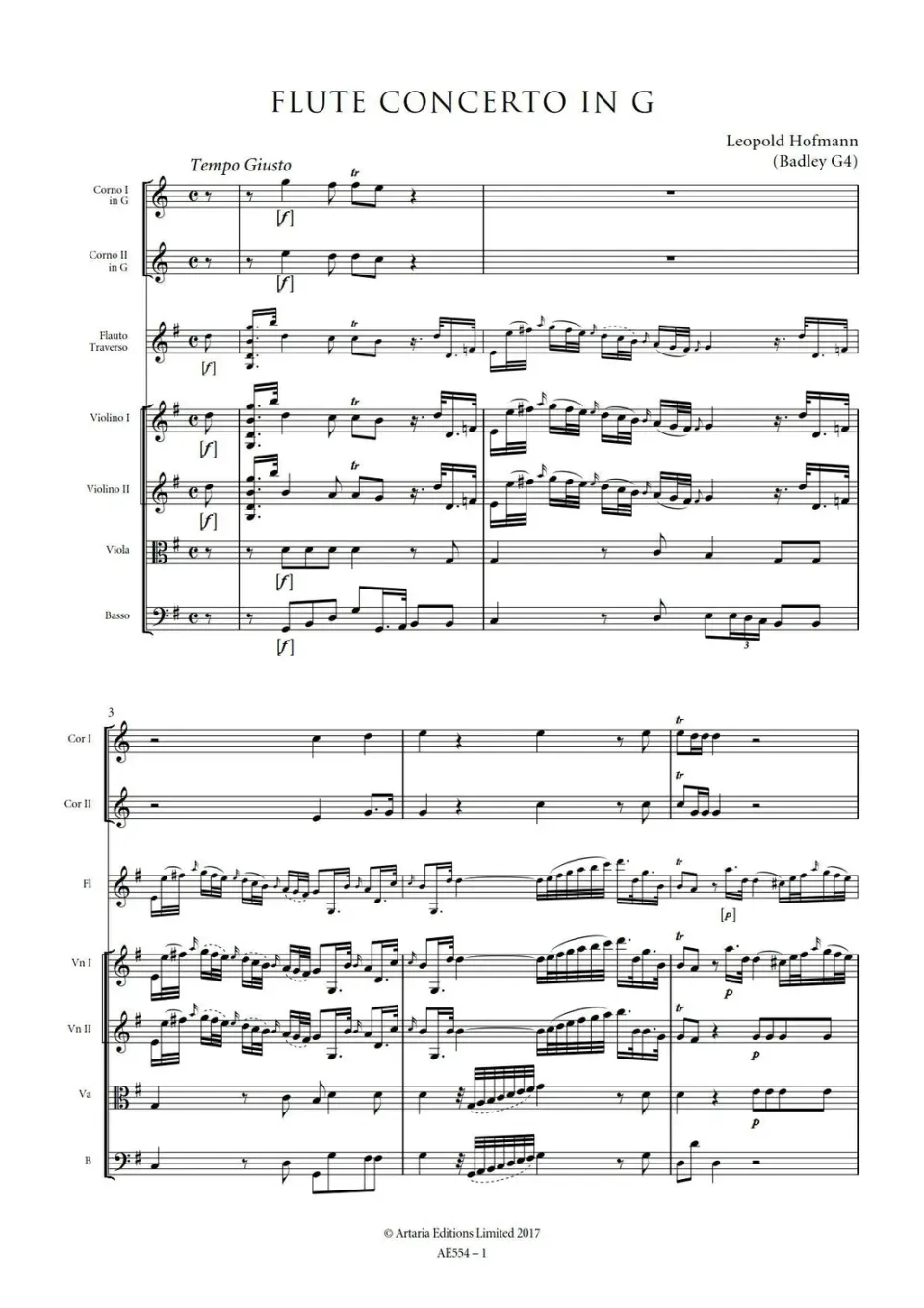 Artaria Flute Concerto in G major Badley G4 AE554