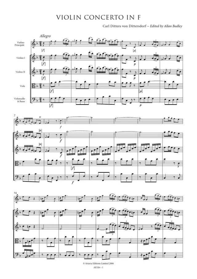 Artaria AE326 Dittersdorf Violinkonzert F-Dur Noten