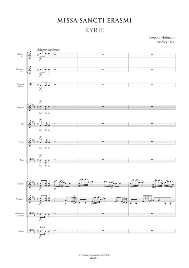 Artaria Hofmann Missa Sancti Erasmi Badley D4a Chorpartitur