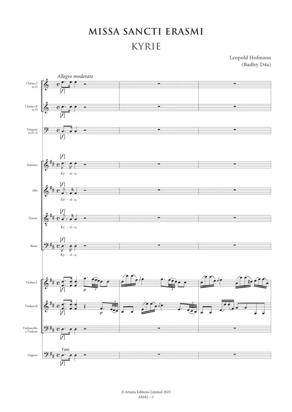 Artaria Hofmann Missa Sancti Erasmi Badley D4a Chorpartitur