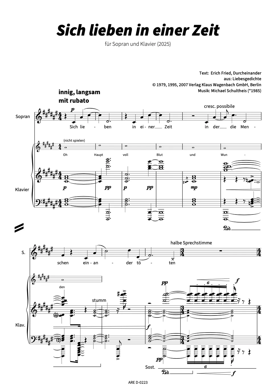 Are Musik Verlag Schultheis Sich lieben in einer Zeit Noten Sopran Klavier