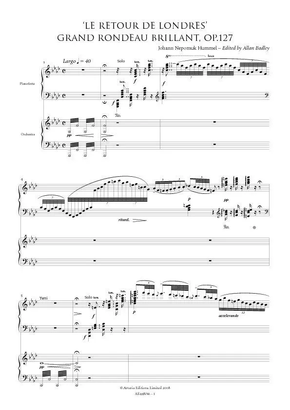 Artaria Hummel Le retour de Londres Op.127 Klavierauszug