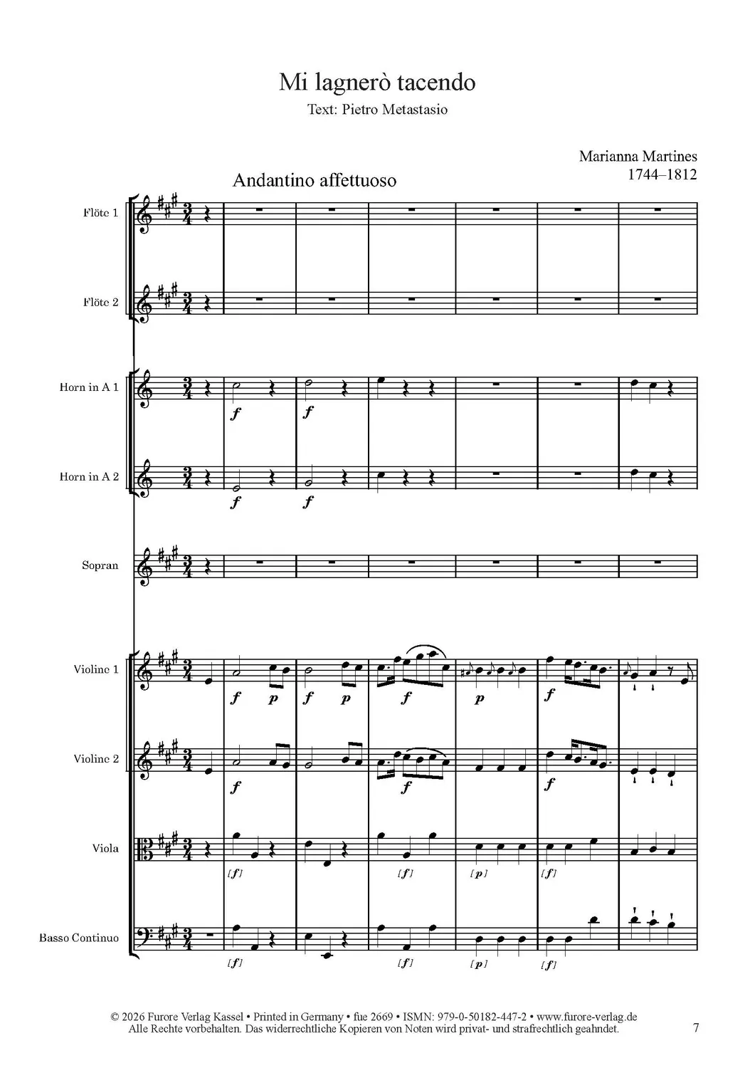Furore Edition Mi lagnero tacendo Kantate für Sopran und Kammerorchester