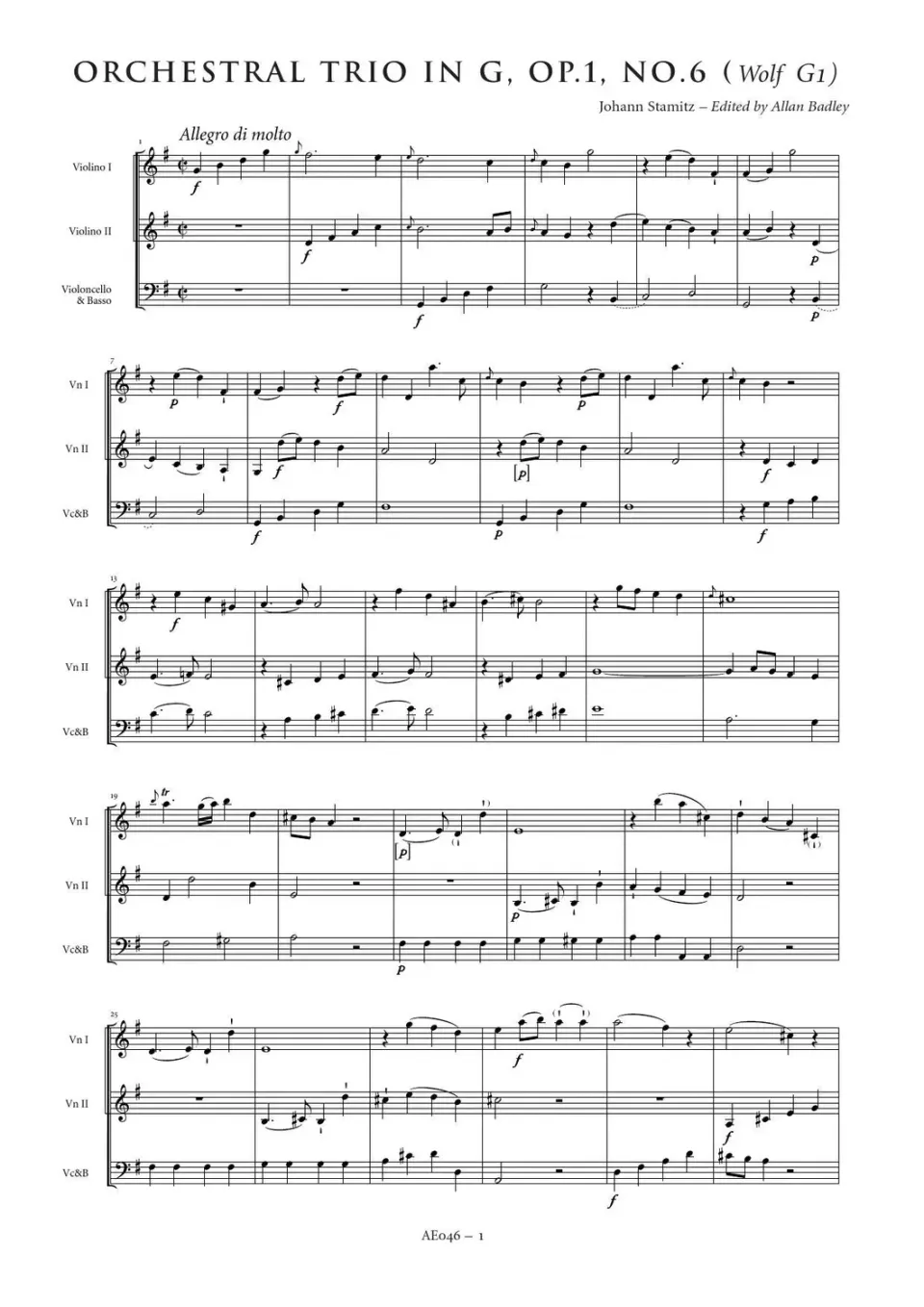 Artaria Stamitz Orchestertrio G-Dur Op.1 Nr.6 Partitur