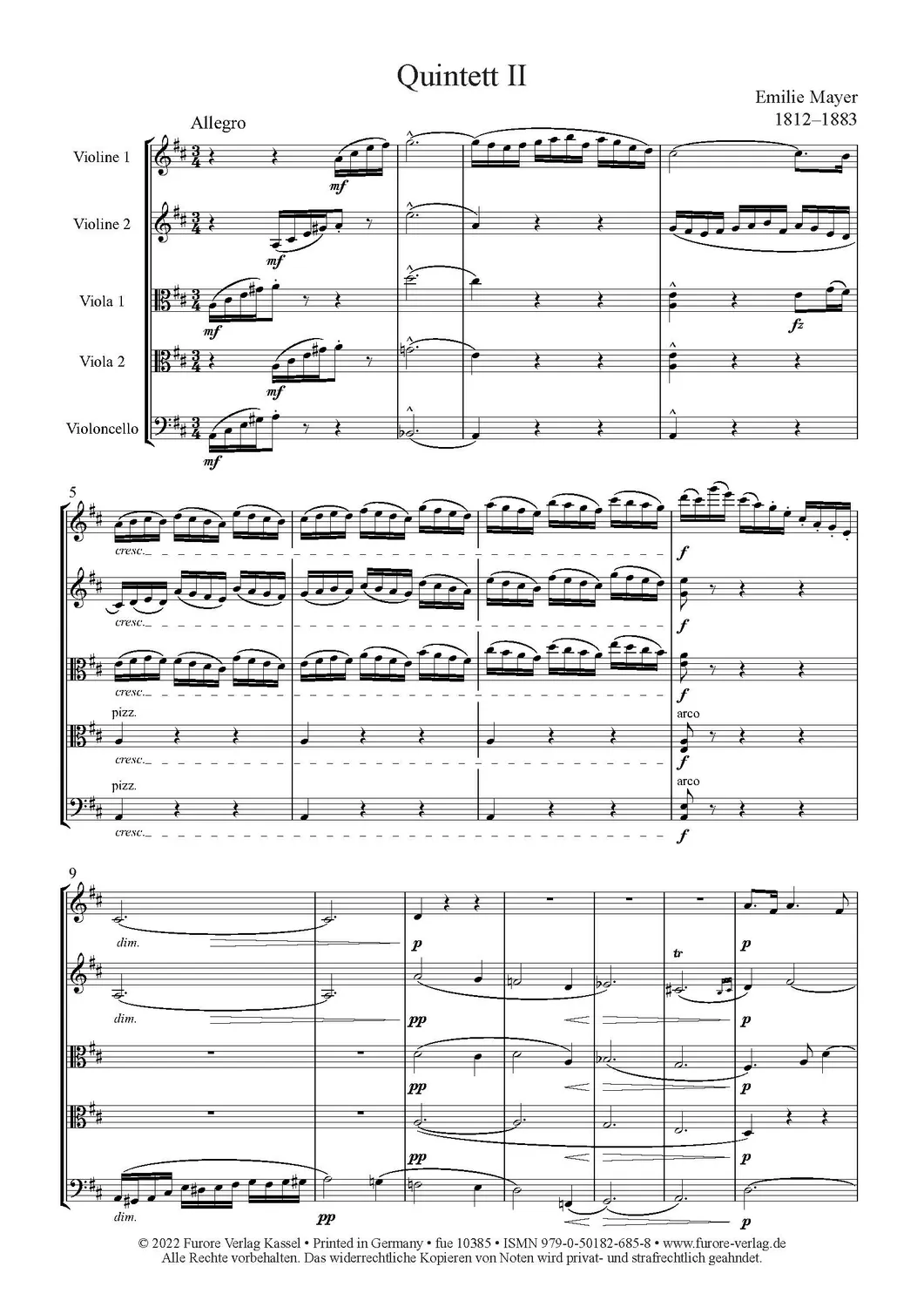 Furore Edition Quintet II String Quintet D major Streichquintett Noten