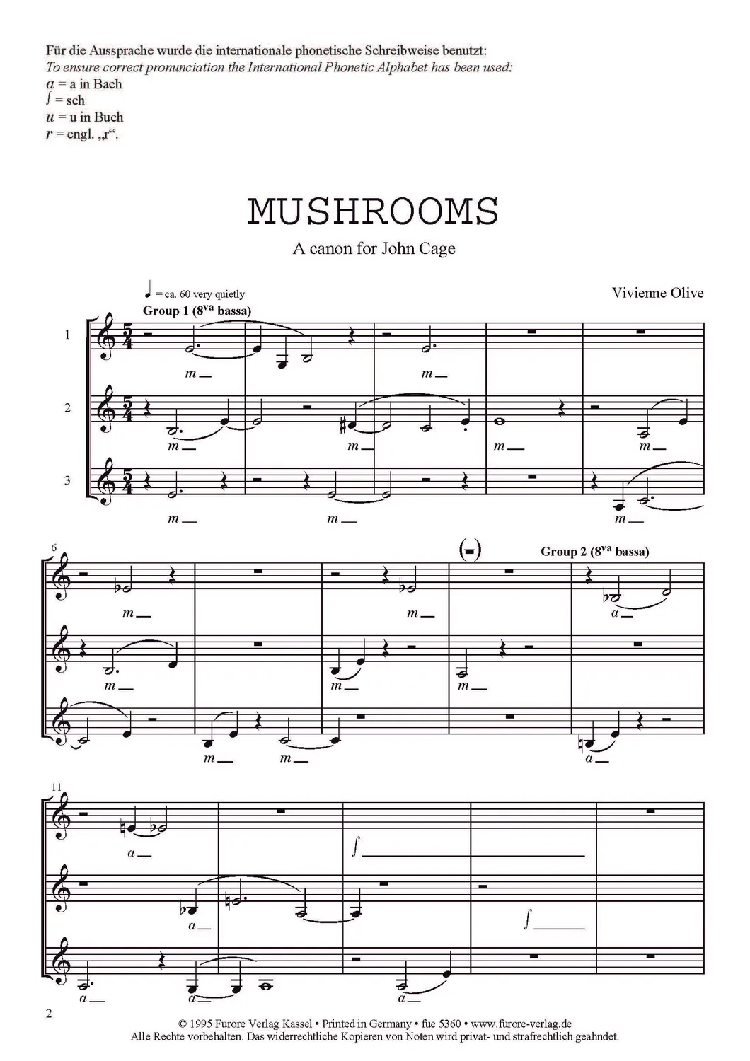Furore Edition Mushrooms Ein Kanon für John Cage nach einem Gedicht von Sylvia Plath für drei-neun Stimmen