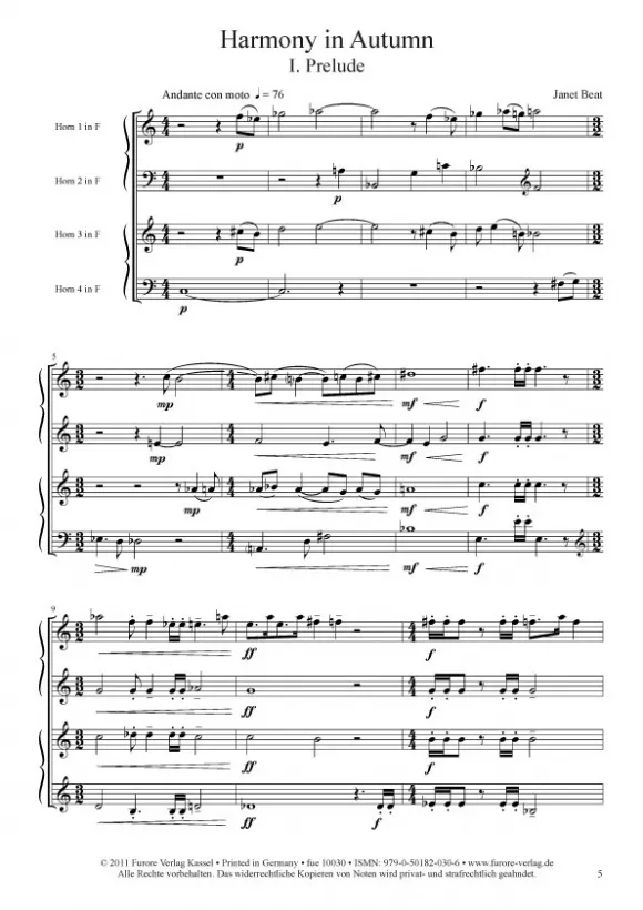 Furore Edition Harmony in Autumn Partitur mit Stimmen für 4 Hörner