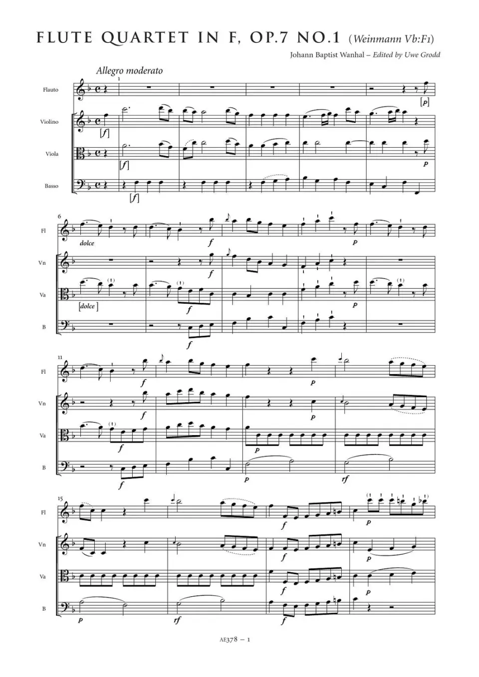 Artaria Flute Quartet in F major (Weinmann Vb: F1) AE378 Noten
