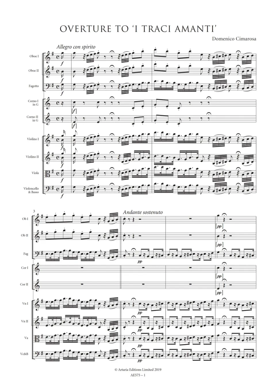 Artaria Cimarosa Overture to 'I traci amanti' Partitur