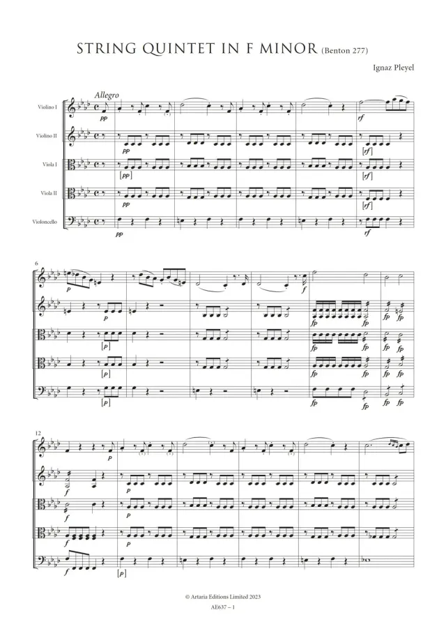 Artaria Pleyel Streichquintett f-moll Benton 277 Streichquintett
