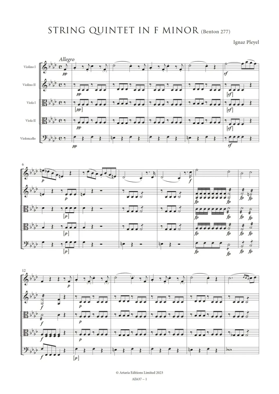Artaria Pleyel Streichquintett f-moll Benton 277 Streichquintett